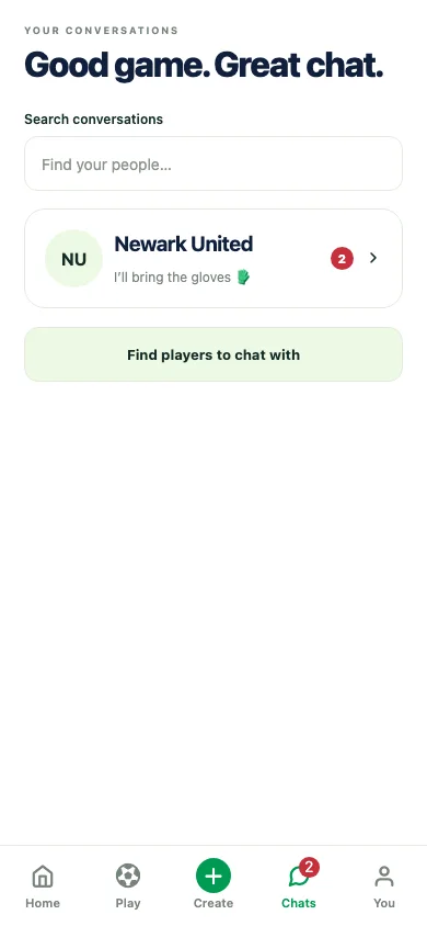 GoalieNow demo Chats screen, showing the complete bottom tab bar